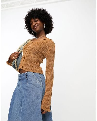 Collusion Knitted Open Stitch Shirt Cardigan - Brown