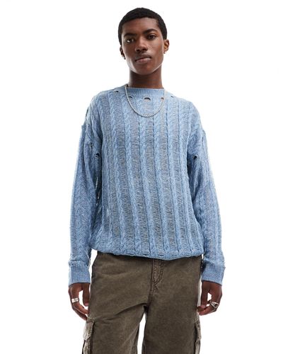 Collusion Cable And Distressed Knitted Jumper - Blue