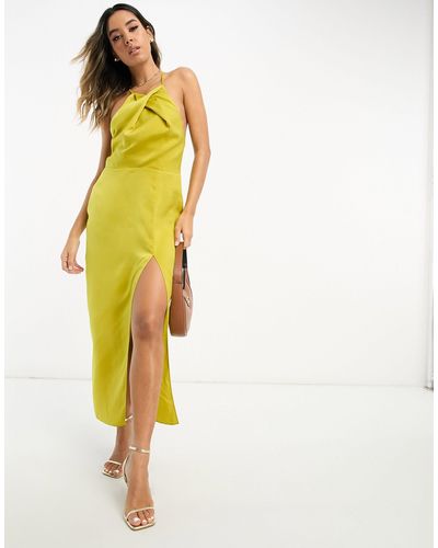 ASOS Satin Halterneck Twisted Neckline Midi Dress - Yellow