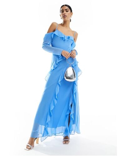 EVER NEW Long Sleeve Sheer Ruffle Maxi Dress - Blue