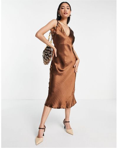 ASOS Bias Cut Satin Midi Slip Dress With Soft V Neckline Detail - Brown