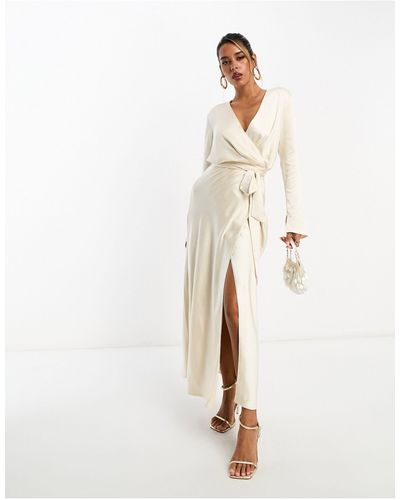 ASOS Satin Long Sleeve Wrap Detail Midaxi Dress - White