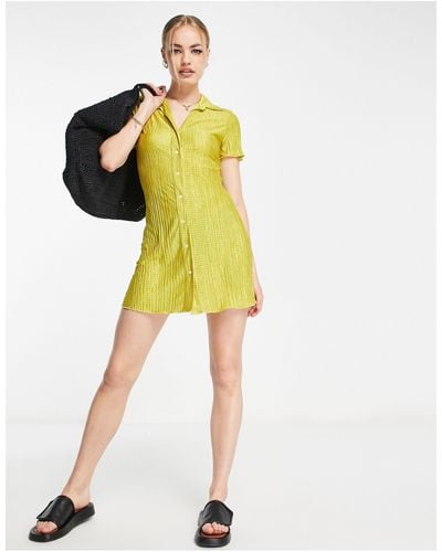 TOPSHOP Button Down Collared Textured Mini Dress - Yellow