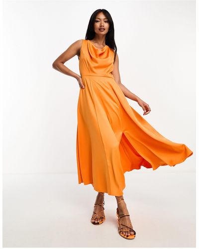 Closet Draped Cowl Neck Satin Midaxi Dress - Orange