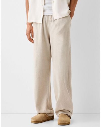 Bershka Linen Wide Leg Trouser - Natural