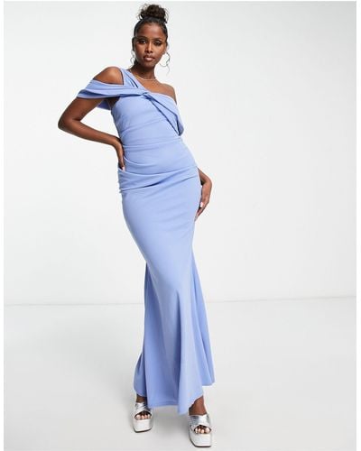 Goddiva Bardot Fishtail Maxi Dress - Blue