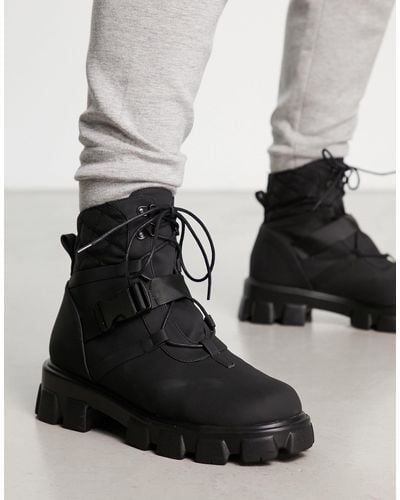 Public Desire Garrison Buckle Strap Quilted Lace Up Boots - Black