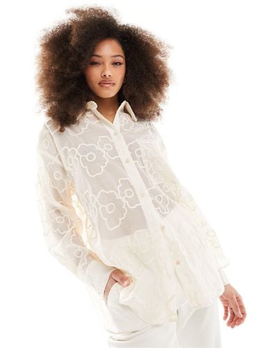 Y.A.S Oversized Shirt With Textured Flower Detail - White