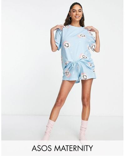 ASOS Asos Design Maternity Christmas Penguin Oversized Tee & Short Pyjama Set - Blue