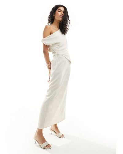 ASOS Fallen Shoulder Linen Look Midi Dress With Pleat Waist - White
