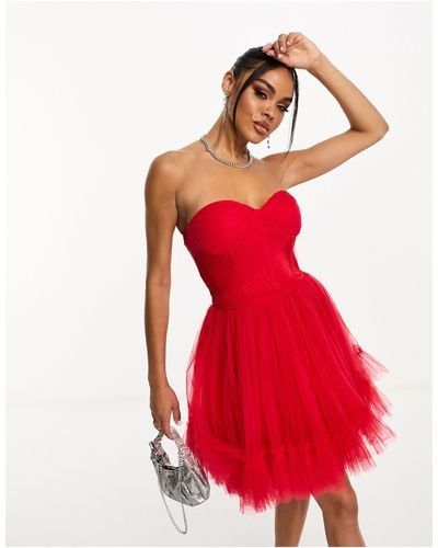 LACE & BEADS Corset Tulle Overlay Mini Dress - Red