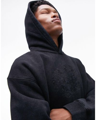 TOPMAN Oversized Hoodie With Hand Shake Embroidery - Black