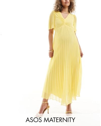 ASOS Asos Design Maternity Pleated Bodice Flutter Sleeve Pleat Midi Dress - Yellow