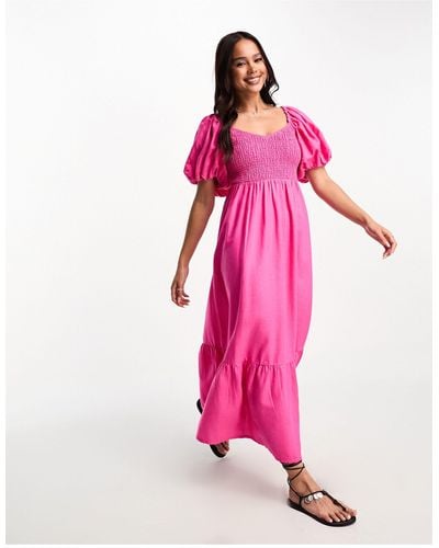 New Look Puff Sleeve Shirred Top Midi Dress - Pink
