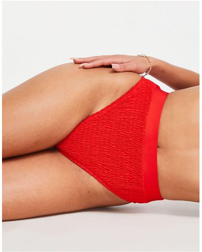 Missguided Crinkle Mix And Match High Waisted High Leg Bikini Bottoms - Red