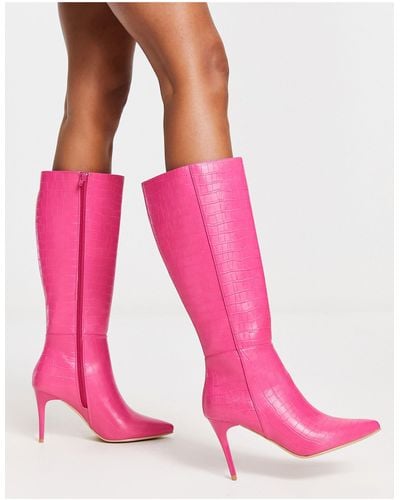 New Look Croc Knee High Heeled Boots - Pink
