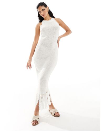 In The Style Fine Knit Halterneck Tassel Hem Midaxi Dress - White