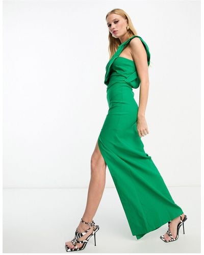 Vesper Asymmetric Pleated One Shoulder Maxi Dress - Green