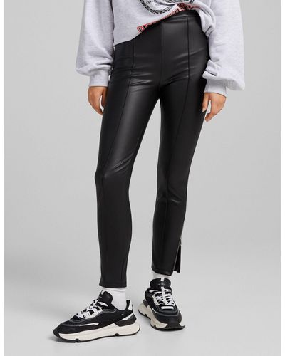 Bershka Faux Leather Skinny Trouser With Zip Hem - Black