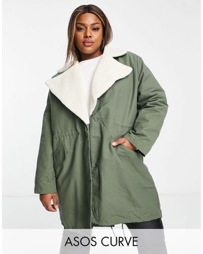 ASOS Asos Design Curve Quilt Lined Parka Coat With Borg Collar - Green