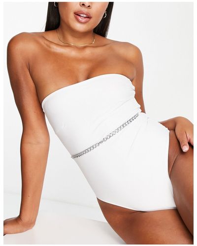 Brave Soul High Leg Bandeau Swimsuit With Front Chain Detail - White