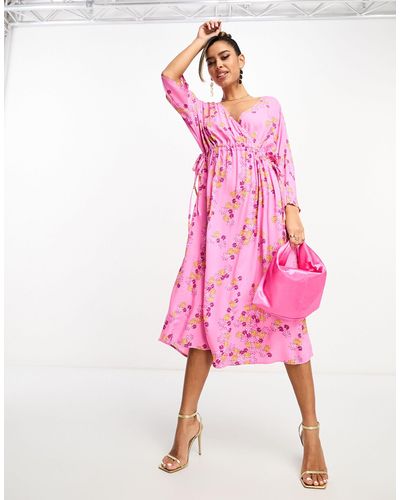 Y.A.S Ruched Side Midi Dress - Pink
