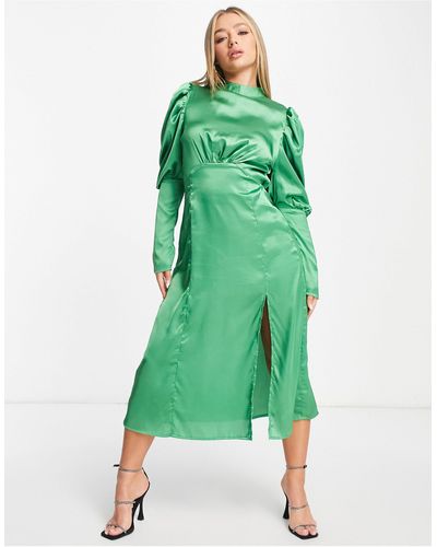 AX Paris hooggesloten Midi-jurk Van Satijn Met Split - Groen