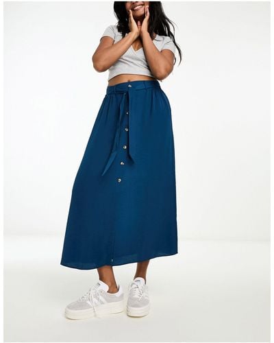 ASOS Button Through Midi Skirt With Tie Waist - Blue