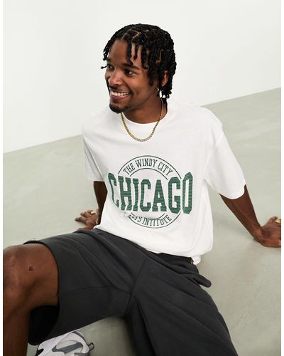 Bershka T-shirt coupe carrée à imprimé chicago - Blanc