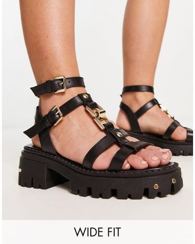 ASOS Wide Fit Forrest Leather Strappy Chunky Flat Sandals - Black