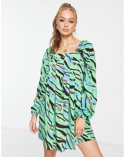 Pieces Puff Sleeve Square Neck Mini Dress - Green