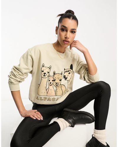 New Love Club Sweatshirt Met Grafische 'alpaca Farm' Print - Naturel