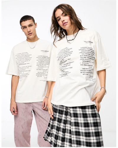 Collusion Unisex Ecru Oversized T-shirt With Text Print - White