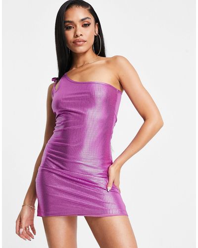 AsYou One Shoulder Holographic Chainmail Detail Mini Dress - Purple