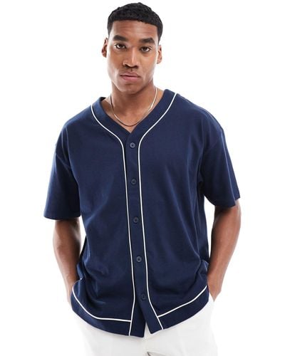 ASOS Oversized Fit Button Up Baseball T-shirt With Contrast Piping - Blue