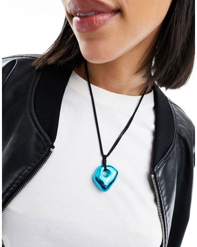 Weekday Kate Cord Necklace With Blue Metallic Pendant - Black