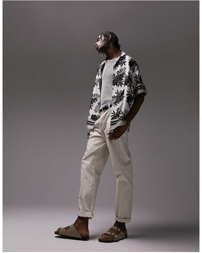 TOPMAN Short Sleeve Relaxed Palm Border Print Satin Shirt - Grey