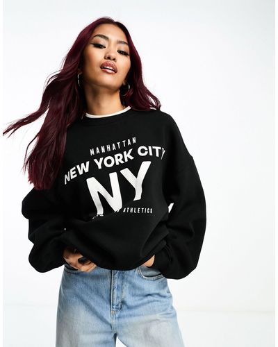Bershka 'nyc' Oversized Sweatshirt - Black