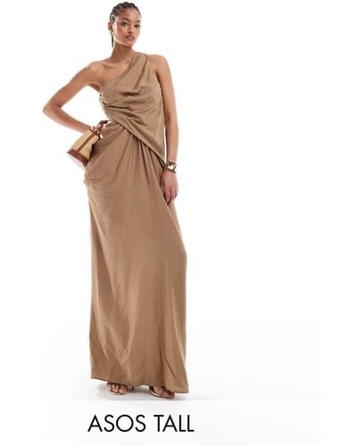 ASOS Asos Design Tall One Shoulder Draped Maxi Dress With Full Skirt - Natural