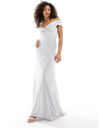 TFNC London Bridesmaids Bardot Fitted Maxi Dress - White