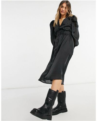 Object Midi-jurk Van Satijn Met Riem - Zwart