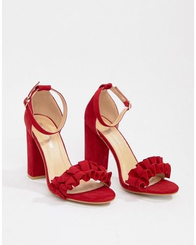 PrettyLittleThing Ruffle Block Heeled Sandals In Red