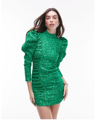 TOPSHOP Jacquard Sleeve Detail Mini Dress - Green