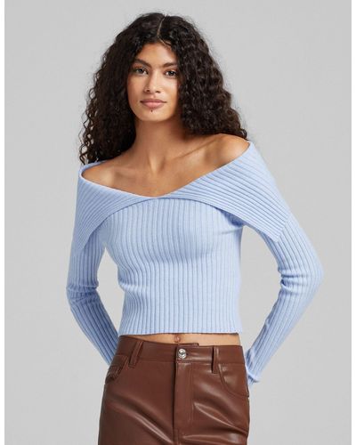 Bershka Of The Shoulder Knit Sweater - Blue
