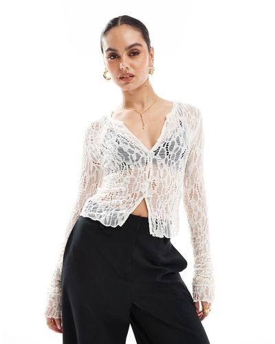 Pull&Bear Distressed Lace Long Sleeve Top - White