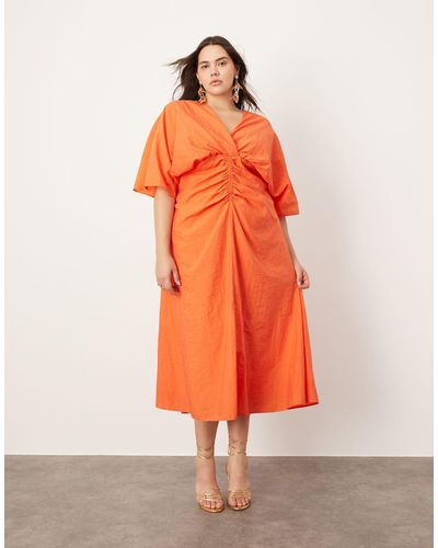 ASOS Curve Textured Wide Sleeve Midi Dress With Ruched Waist - Orange