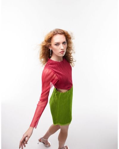 TOPSHOP Color Block Cut Out Long Sleeve Mini Dress - Red