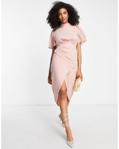 ASOS Short Sleeve High Neck Drape Wrap Front Midi Dress - Pink