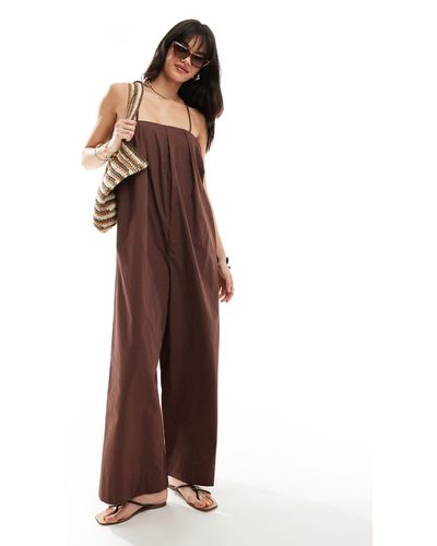 ASOS Pleated Square Neck Wide Leg Jumpsuit - Brown