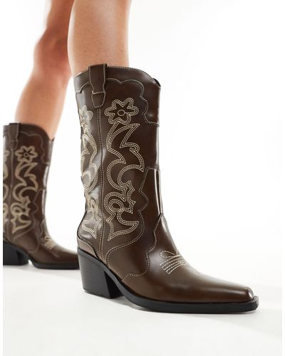 Pull&Bear Western Cowboy Boot With Embroidered Detail - Brown